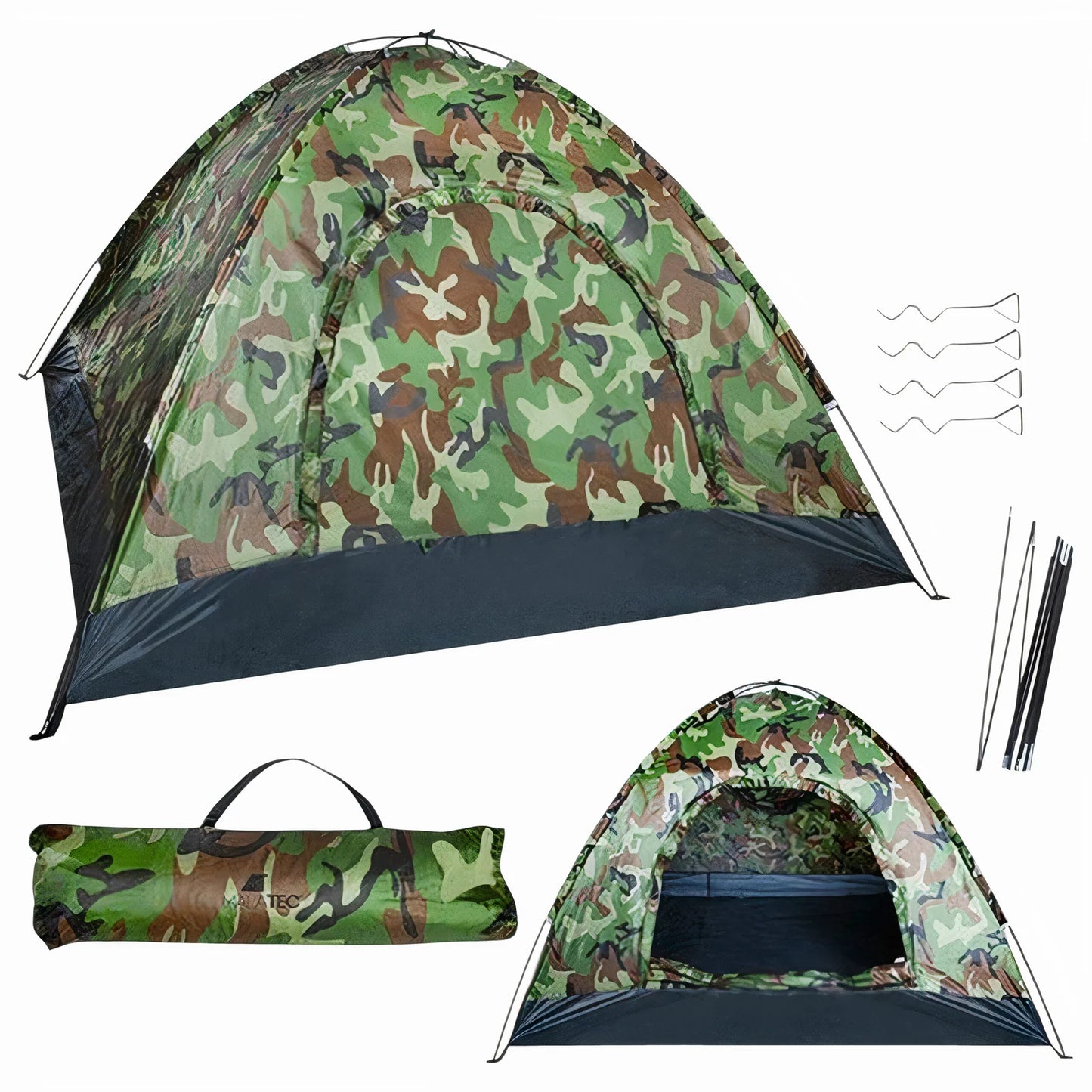 Cort Camping 2x2x1.3m cu Plasa de Tantari cu Fermoar, Impermeabil Camuflaj