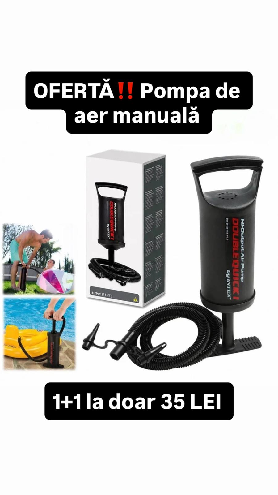 OFERTĂ 1+1 Pompa de Aer Manuală Intex 29.5cm, cu Furtun Flexibil și 3 Duze, pentru Saltele și Gonflabile
