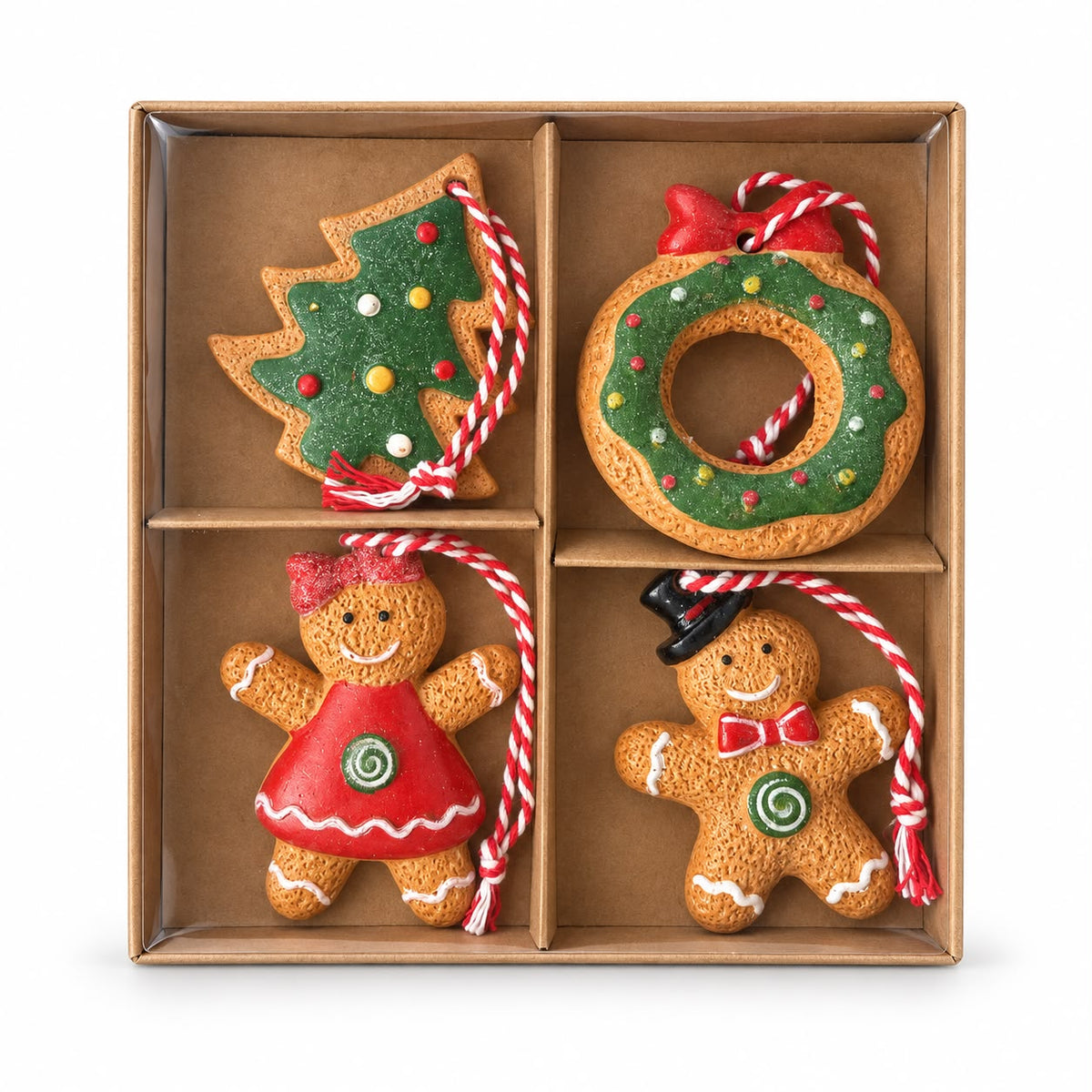 Set 4 ornamente de Crăciun – Brăduț, coroniță și figurine festive