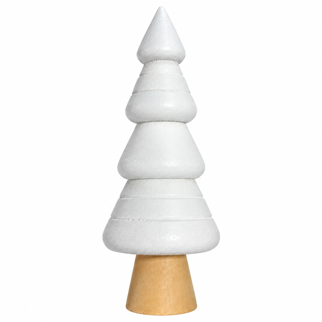 Brăduț decorativ de Crăciun alb cu bază aspect lemn – design minimalist 23 cm