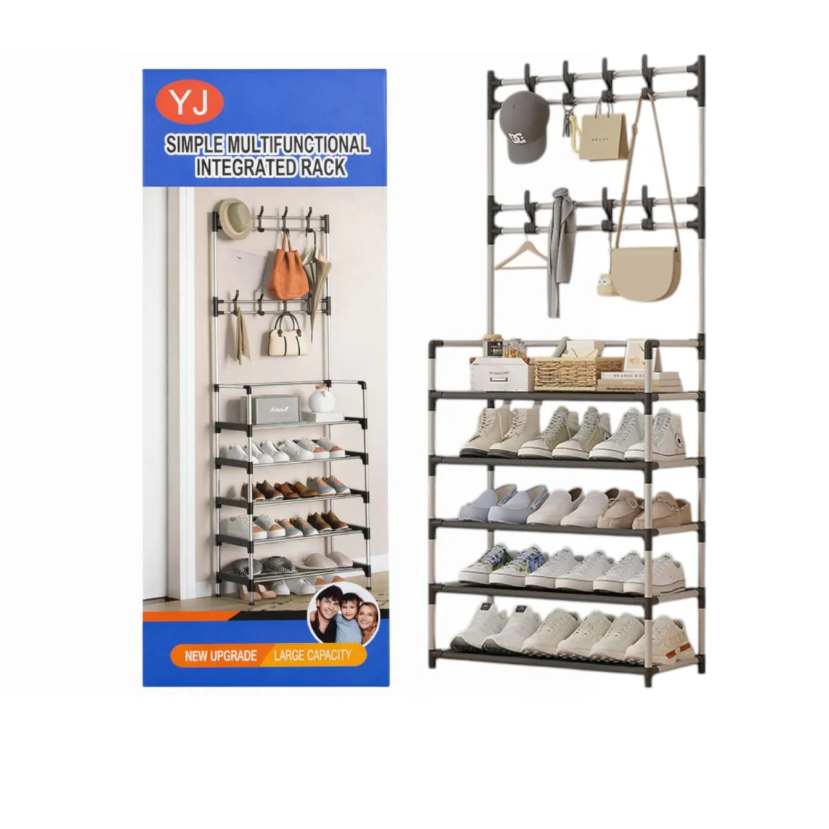 Cuier Multifuncțional cu Rafturi pentru Pantofi 171x60cm, cu Cârlige pentru Haine și Accesorii Structură Metalică