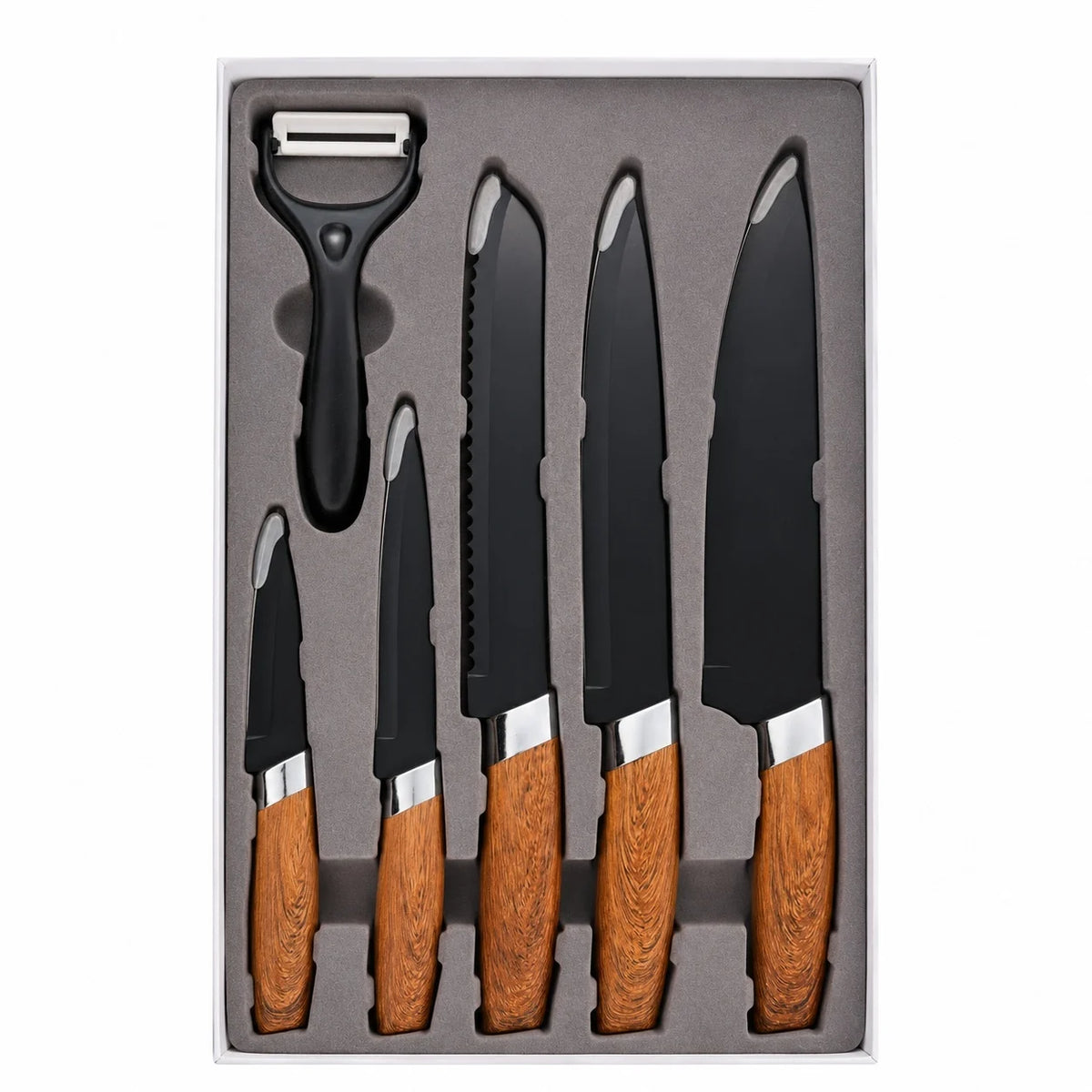 Set de 5 cutite de bucatarie si curatator legume, invelis marmura, maner ergonomic
