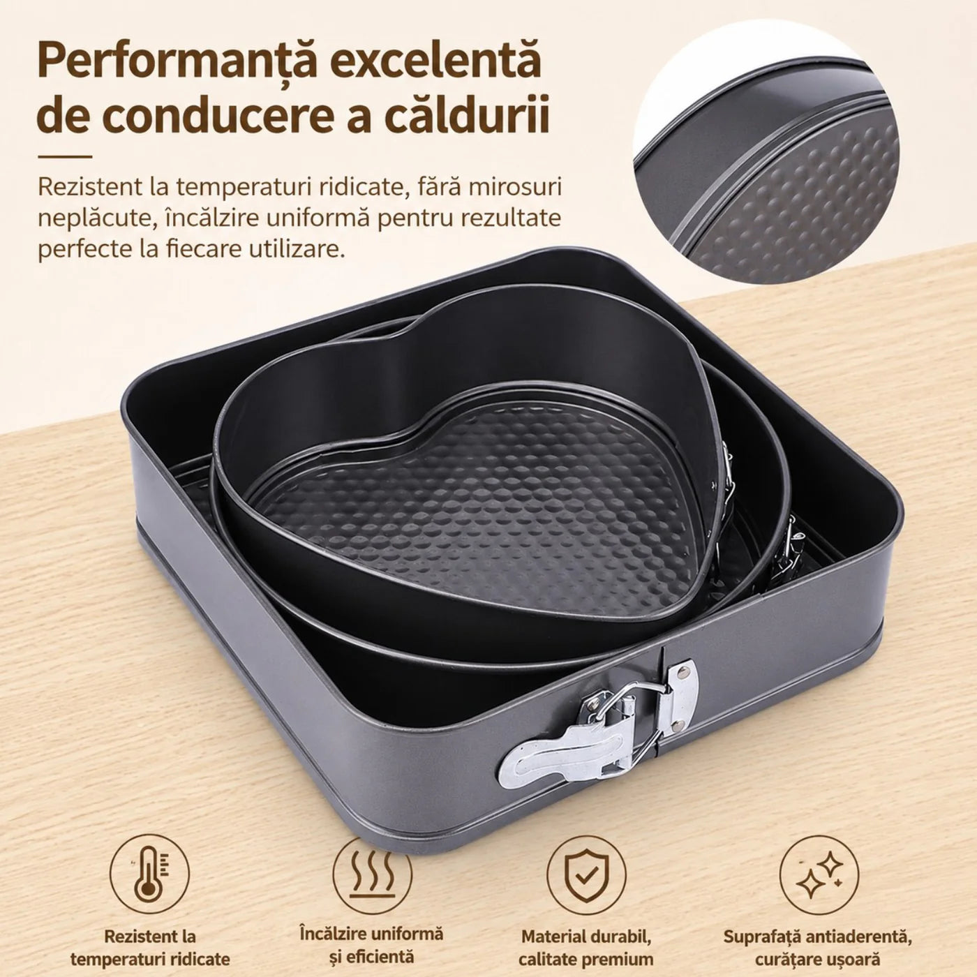 Forme pentru Copt 3/set, cu Bază Detașabilă 21cm, 25cm și 26cm, Închidere Rapidă și Strat Antiaderent, Negre