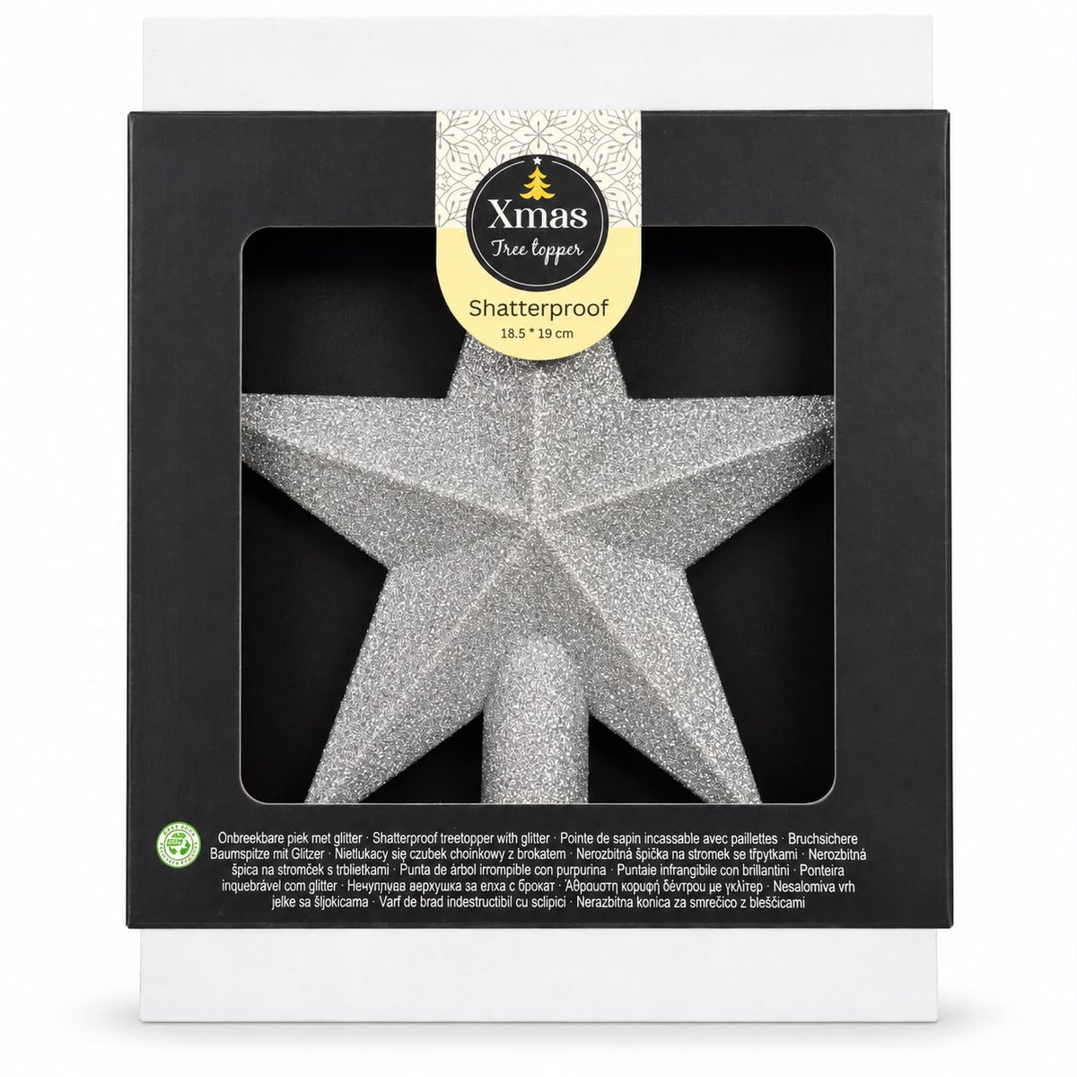 Vârf de brad tip stea cu sclipici, argintiu – 18,5 × 19 cm