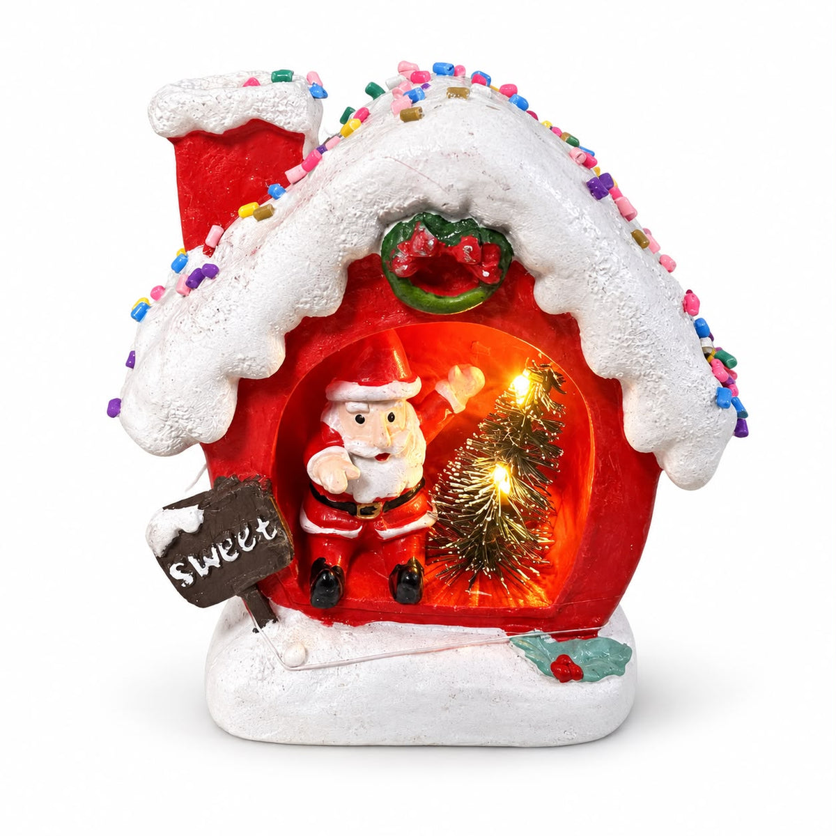 Căsuță luminoasă de Crăciun – Moș Crăciun, roșie 11,5x11 cm