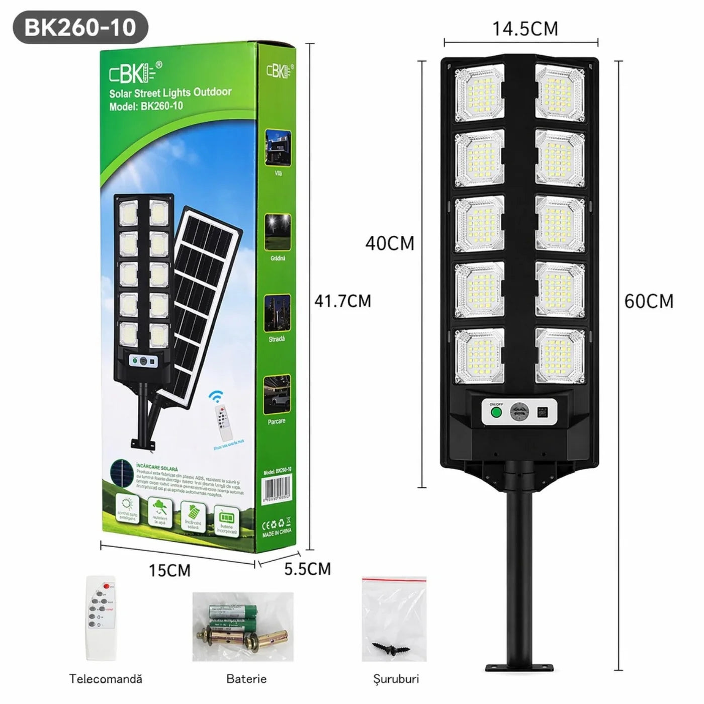Lampă Solară 60cm, cu Panou Solar Integrat, 10 LED-uri Puternice, Telecomandă, Senzor de Lumină, Rezistentă la Apă
