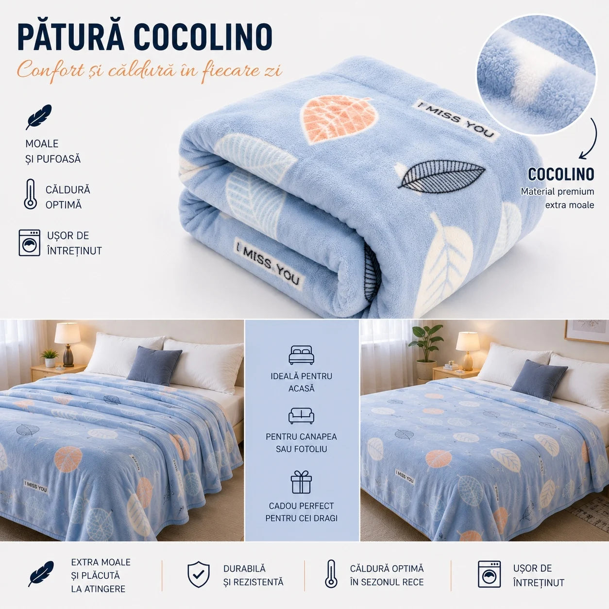 Patura Cocolino Pufoasa cu Model Frunze, 200x220 cm, Albastru Deschis