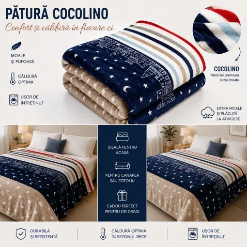 Patura Cocolino Pufoasa cu Model Dungi si Stelute, 200x220 cm, Albastru si Crem