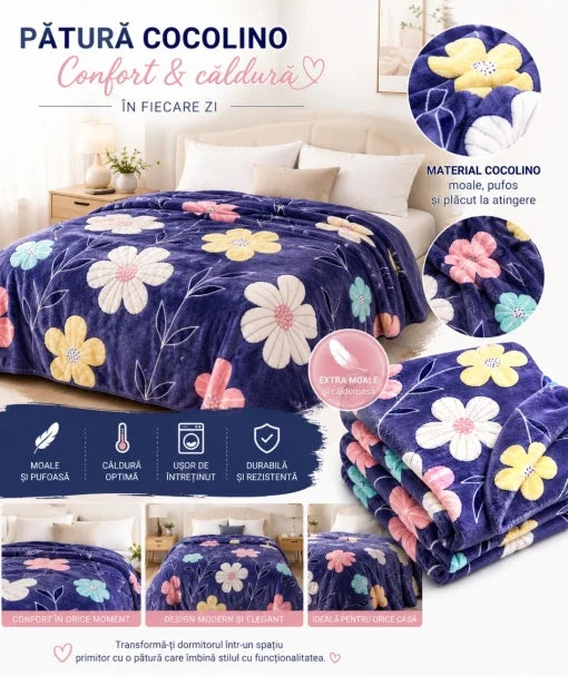 Patura Cocolino Pufoasa cu Model Floral Multicolor, 200x220 cm, Mov Inchis