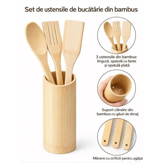Ustensile Gătit Bambus 3 buc cu Suport