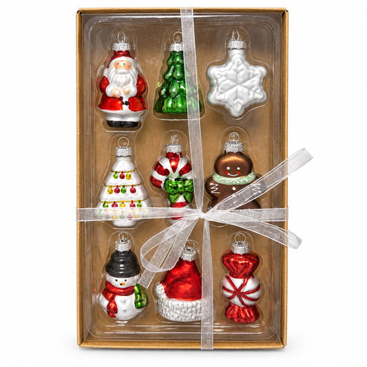 Set 9 mini ornamente din sticlă – Crăciun tradițional