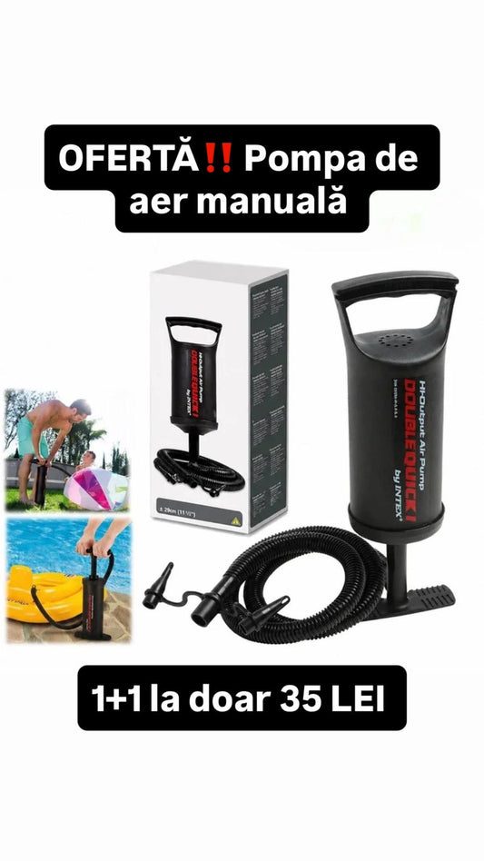 OFERTĂ 1+1 Pompa de Aer Manuală Intex 29.5cm, cu Furtun Flexibil și 3 Duze, pentru Saltele și Gonflabile