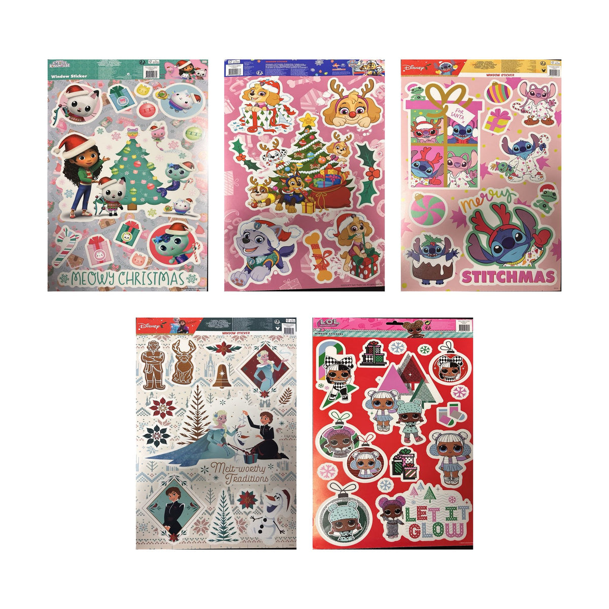 Set 5x Autocolante de Crăciun pentru geam – Gabby, Paw Patrol, Stitch, Frozen și L.O.L.