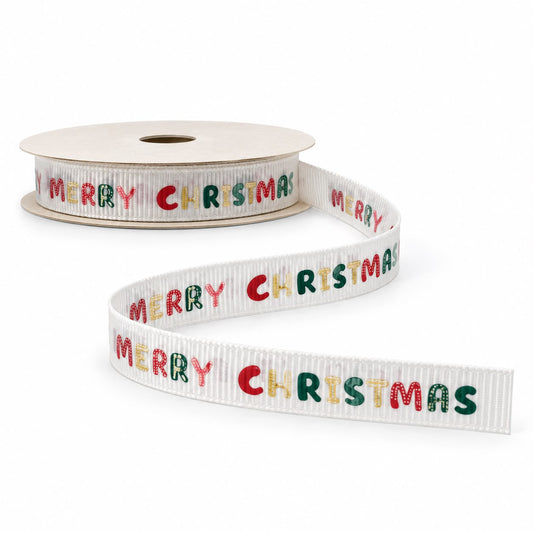 Panglică decorativă albă „Merry Christmas” – 270 cm
