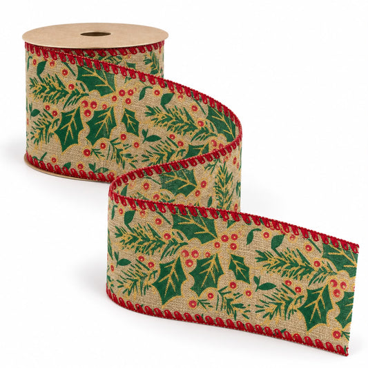 Panglică decorativă lată cu frunze de ilex și bobițe roșii – 270 cm