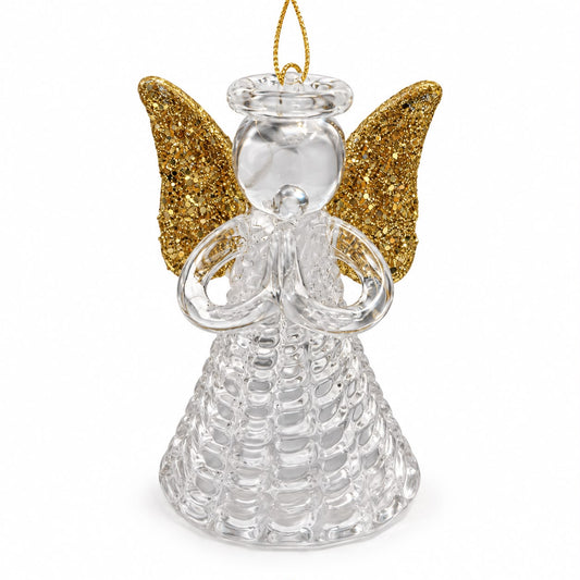 Decorațiune pentru brad – Îngeraș transparent cu aripi aurii 10cm