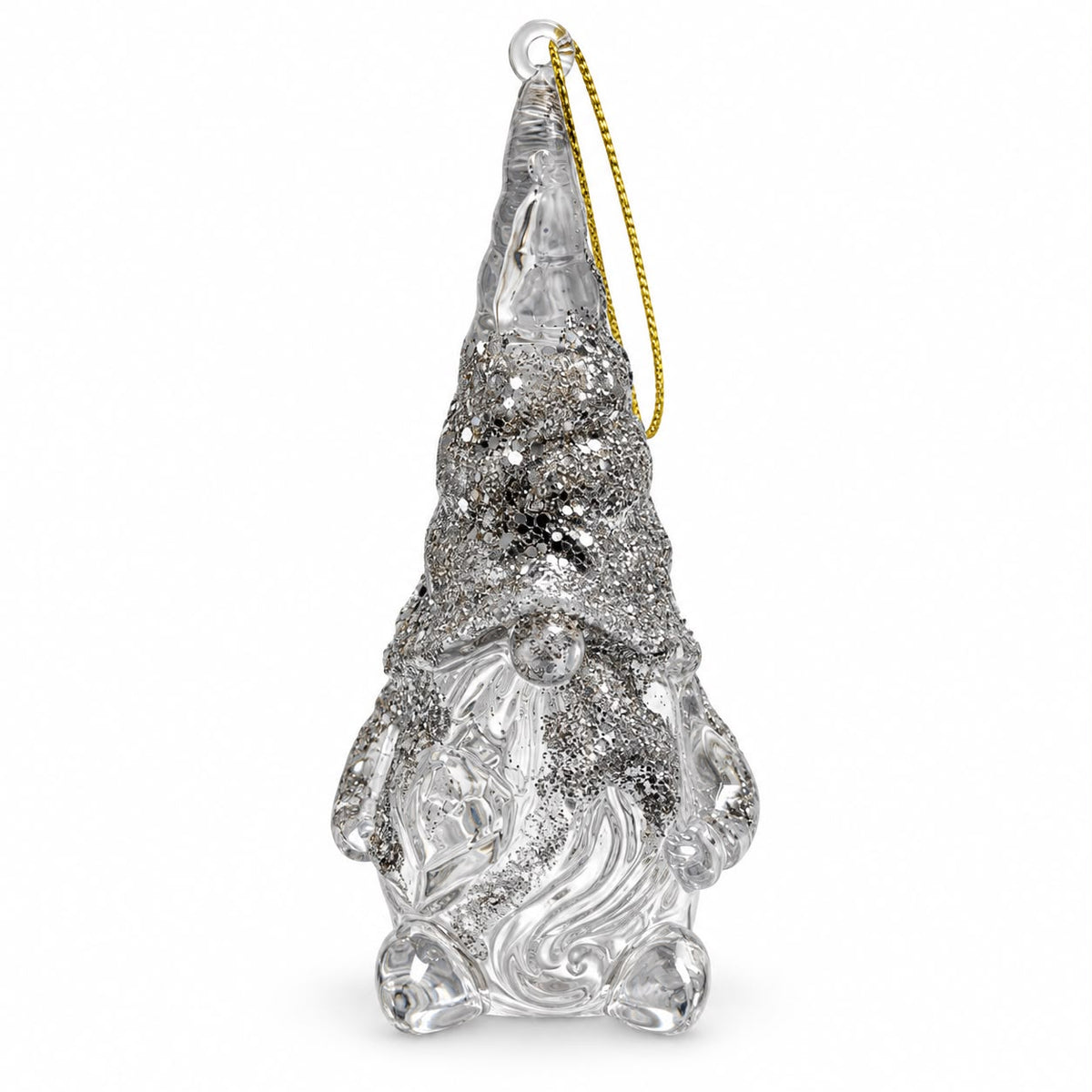 Decorațiune pentru brad – Spiriduș transparent cu sclipici argintiu 10cm