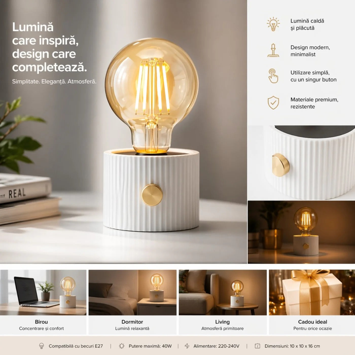 Lampă LED Decorativa 15.5x8.5cm, cu Buton Reglare Intensitate, Lumină Caldă, Incărcare USB