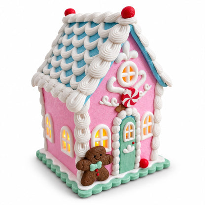 Căsuță Luminoasă de Crăciun Roz cu Omuleț din Turtă Dulce 12x12x18 cm