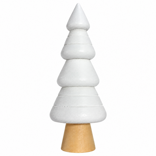 Brăduț decorativ de Crăciun alb cu bază aspect lemn – design minimalist 23 cm