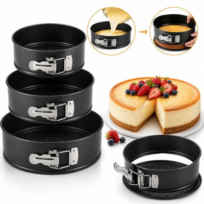 Forme Rotunde pentru Copt 3/set, 24cm, 26cm și 28cm, cu Bază Detașabilă, Închidere Rapidă și Strat Antiaderent, Negre