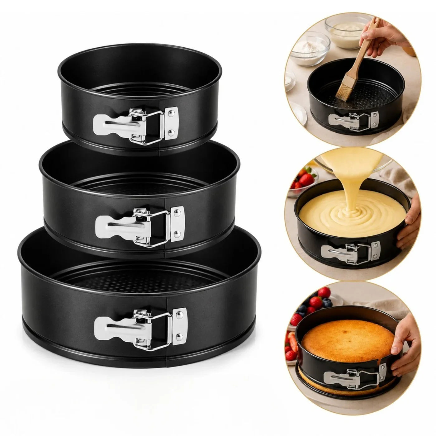 Forme Rotunde pentru Copt 3/set, 24cm, 26cm și 28cm, cu Bază Detașabilă, Închidere Rapidă și Strat Antiaderent, Negre