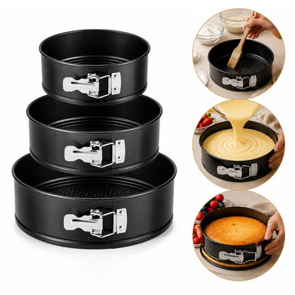 Forme Rotunde pentru Copt 3/set, 24cm, 26cm și 28cm, cu Bază Detașabilă, Închidere Rapidă și Strat Antiaderent, Negre