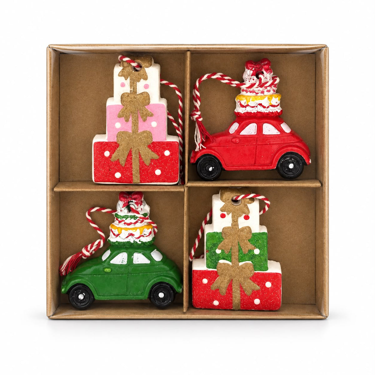 Set 4 ornamente de Crăciun – Cadouri și mașinuțe festive