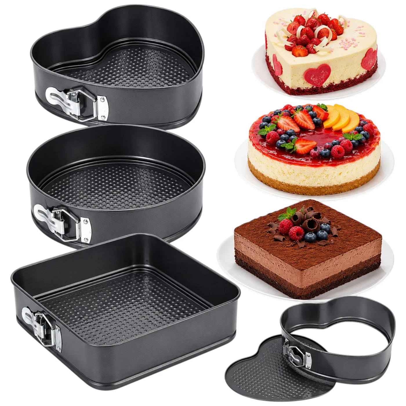 Forme pentru Copt 3/set, cu Bază Detașabilă 21cm, 25cm și 26cm, Închidere Rapidă și Strat Antiaderent, Negre