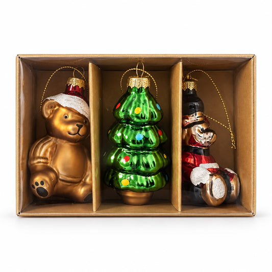 Set 3 ornamente de Crăciun – Ursuleț, brad și personaj festiv