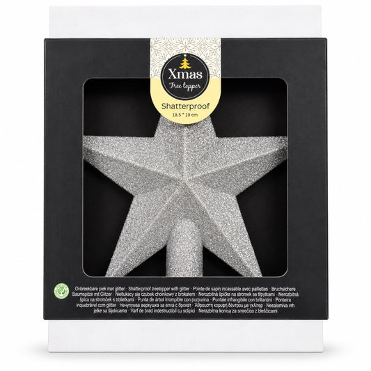 Vârf de brad tip stea cu sclipici, argintiu – 18,5 × 19 cm