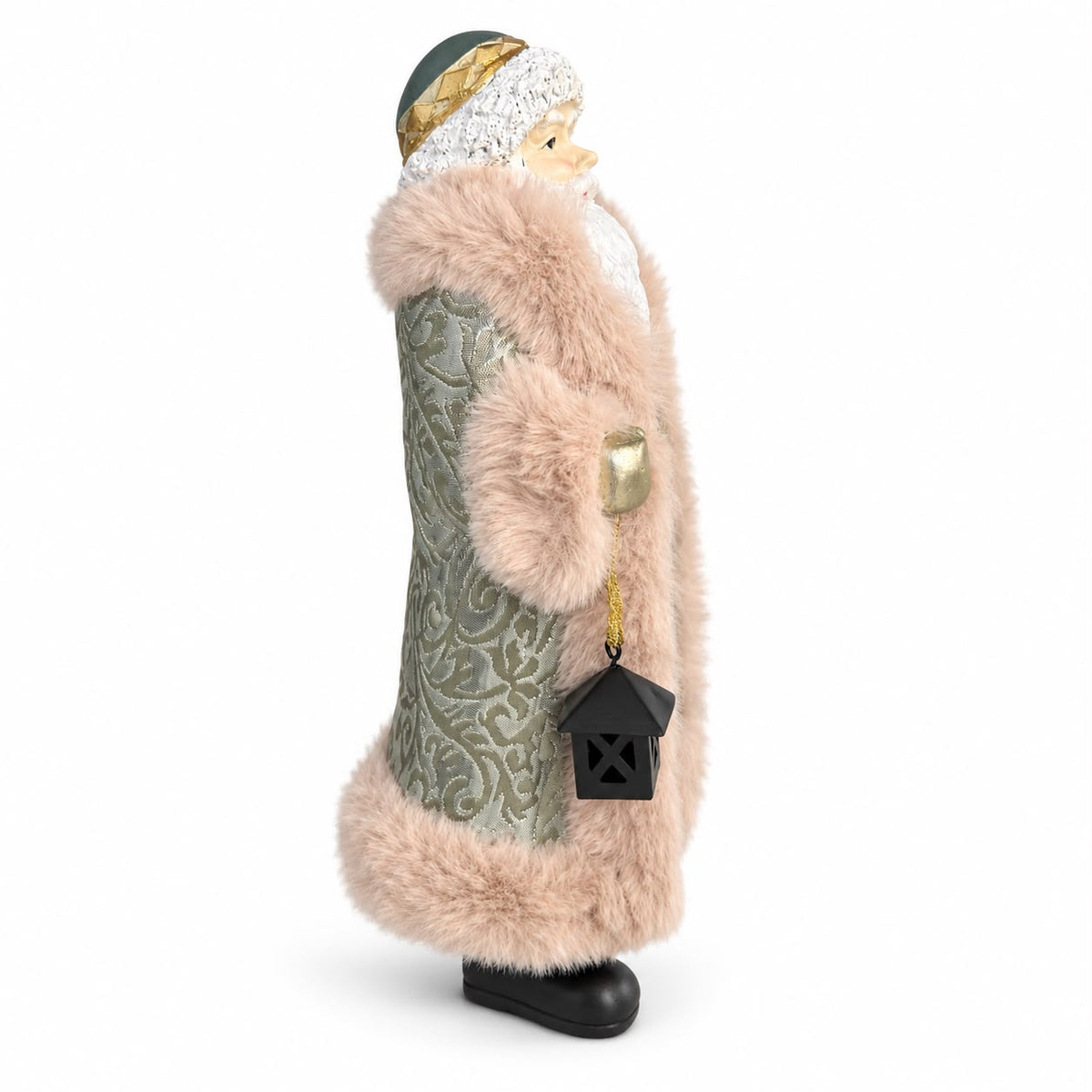 Figurină Moș Crăciun cu Felinar – Verde și Roz Pudrat 30 cm