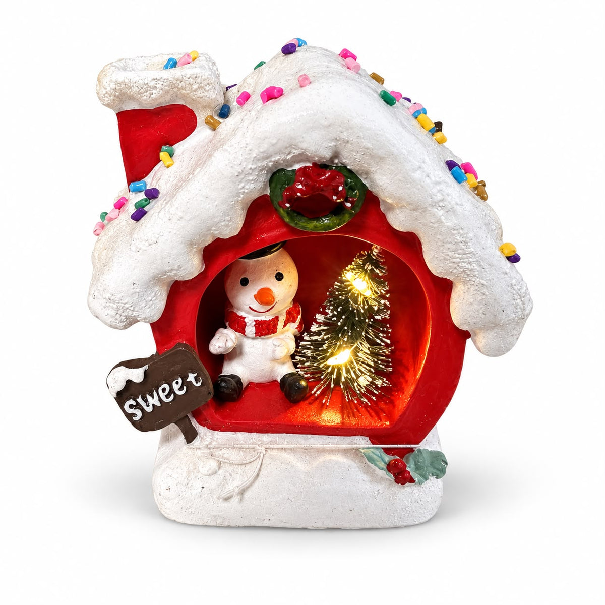 Căsuță luminoasă de Crăciun – Om de zăpadă, roșie 11,5x11 cm