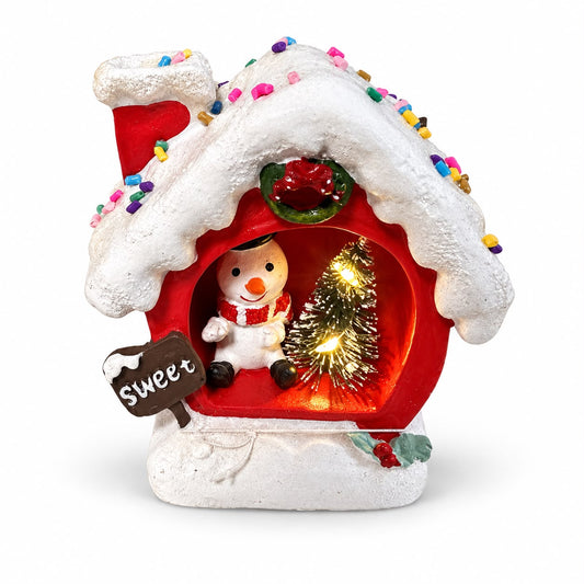 Căsuță luminoasă de Crăciun – Om de zăpadă, roșie 11,5x11 cm