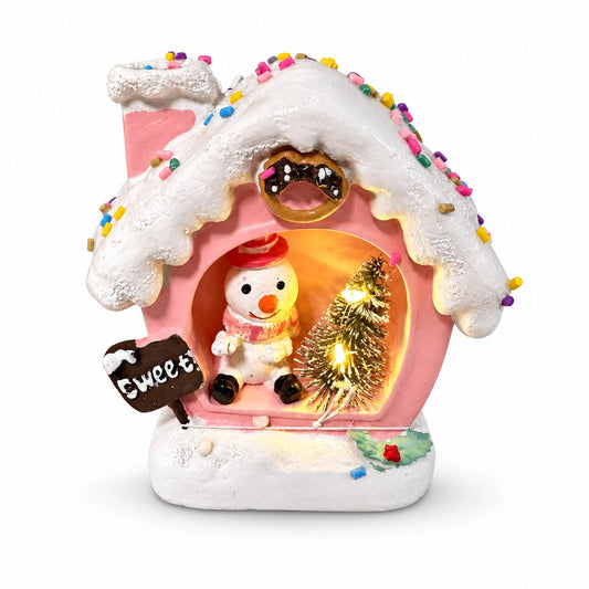 Căsuță luminoasă de Crăciun – Om de zăpadă, roz 11,5x11 cm