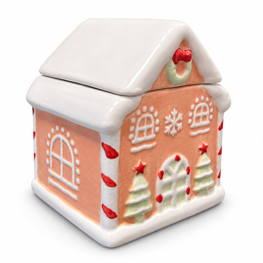 Căsuță decorativă ceramică de Crăciun cu capac – Roz 10x10x12 cm