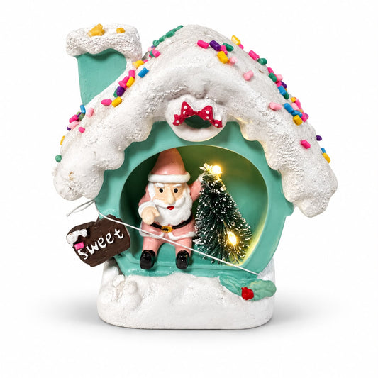 Căsuță luminoasă de Crăciun – Moș Crăciun, turcoaz 11,5x11 cm