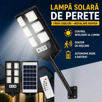 Lampă Solară 43cm, cu Panou Solar Integrat, 6 LED-uri Puternice, Telecomandă, Senzor de Lumină, Rezistentă la Apă