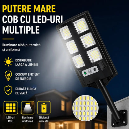 Lampă Solară 43cm, cu Panou Solar Integrat, 6 LED-uri Puternice, Telecomandă, Senzor de Lumină, Rezistentă la Apă