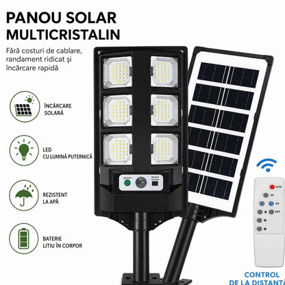 Lampă Solară 43cm, cu Panou Solar Integrat, 6 LED-uri Puternice, Telecomandă, Senzor de Lumină, Rezistentă la Apă