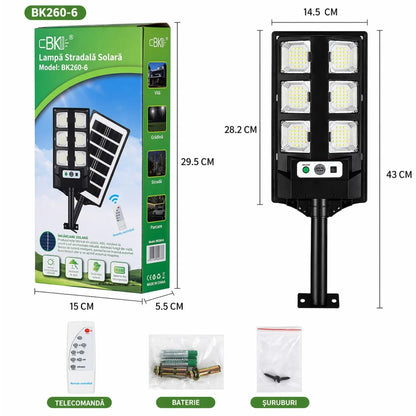 Lampă Solară 43cm, cu Panou Solar Integrat, 6 LED-uri Puternice, Telecomandă, Senzor de Lumină, Rezistentă la Apă