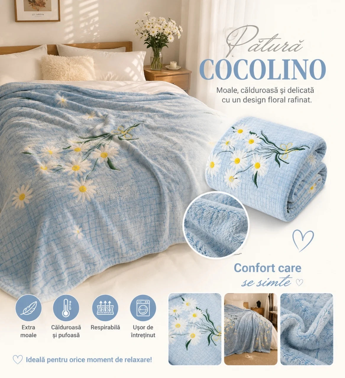 Patura Cocolino Pufoasa cu Model Margarete, 200x220 cm, Albastru deschis