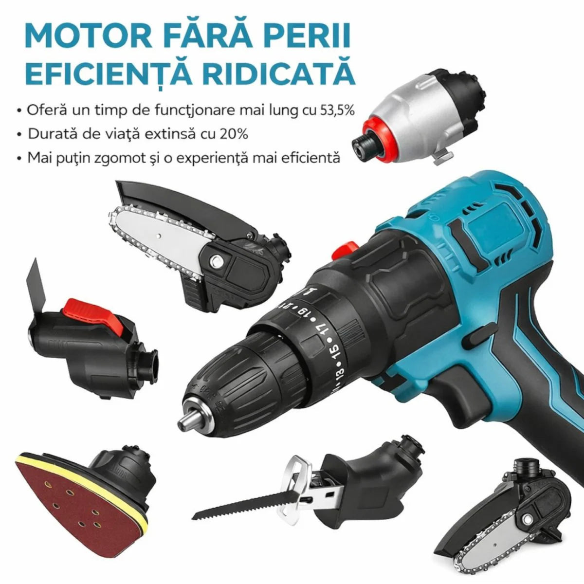 Bormașină Fără Fir 6 în 1, 48V cu Drujbă Fierăstrău Sabie Șurubelniță Cap de Șlefuire Lopată și Cap Multifuncțional cu Adaptor USB, 2 Acumulatori și Încărcător Trusă Multifuncțională Profesională