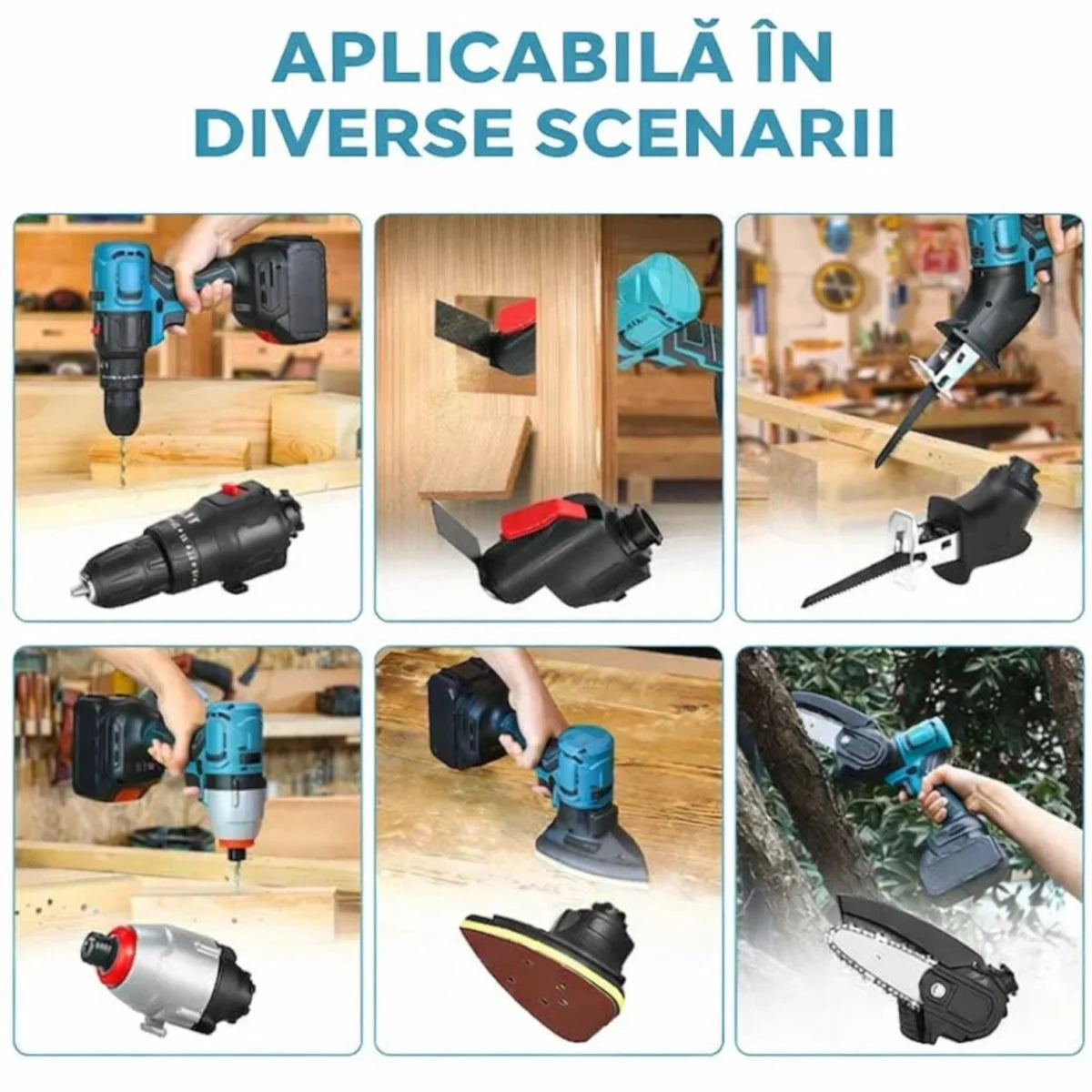 Bormașină Fără Fir 6 în 1, 48V cu Drujbă Fierăstrău Sabie Șurubelniță Cap de Șlefuire Lopată și Cap Multifuncțional cu Adaptor USB, 2 Acumulatori și Încărcător Trusă Multifuncțională Profesională