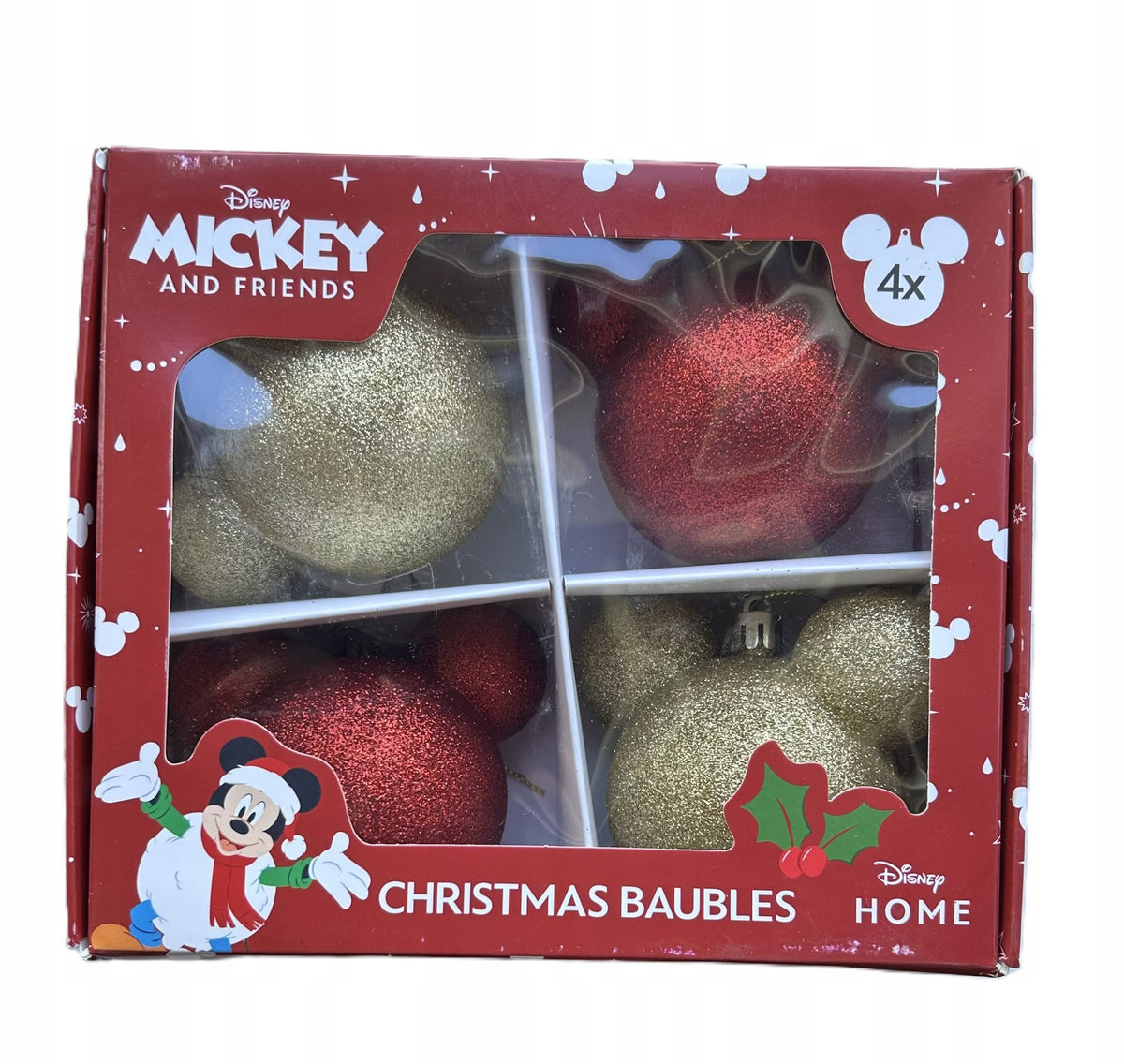 Set 4 globuri Disney Mickey Mouse cu sclipici – Roșu și auriu