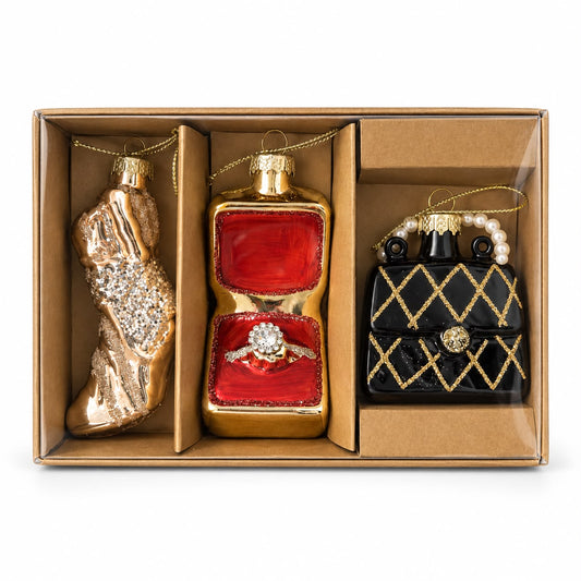 Set 3 ornamente de Crăciun Fashion – Pantof, inel și geantă