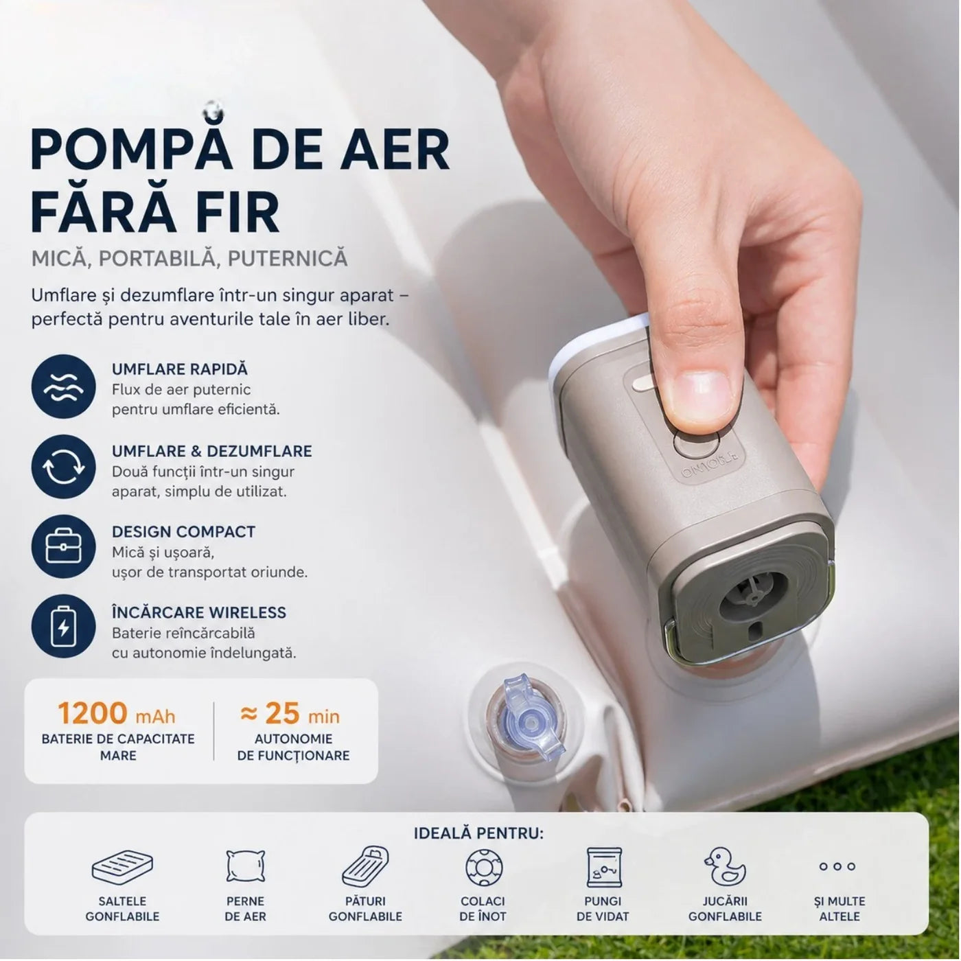 Pompă Electrica Portabilă 7.5x5cm, cu 3 Duze, pentru Umflare și Dezumflare Rapidă