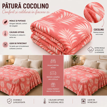 Patura Cocolino Pufoasa cu Model Frunze Tropicale, 200x220 cm, Roz Deschis