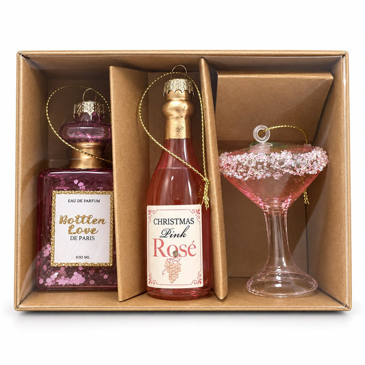 Set 3 ornamente de Crăciun Pink Rosé – Parfum, sticlă și pahar