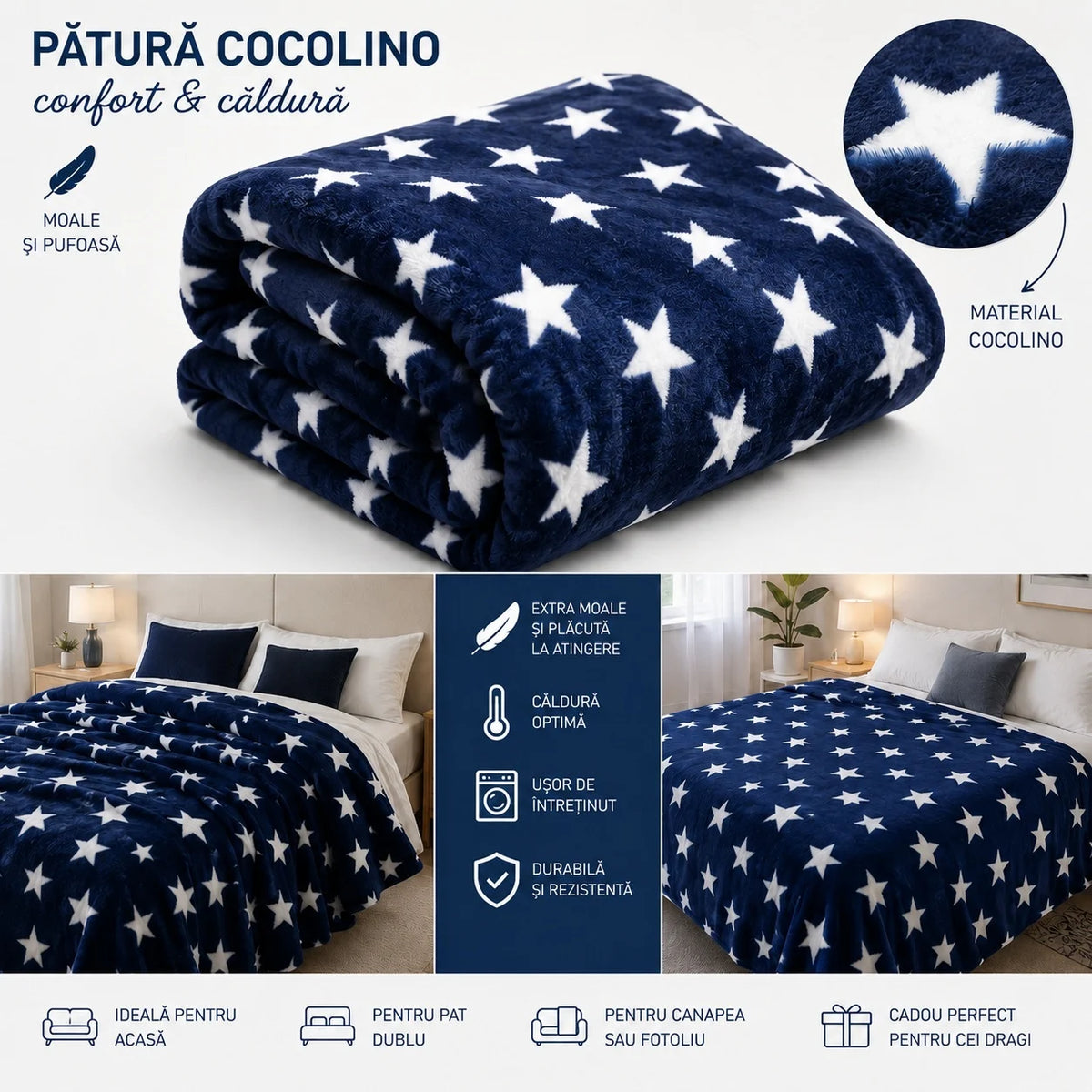 Patura Cocolino Pufoasa cu Model Dungi si Stelute, 200x220 cm, Albastru si Crem